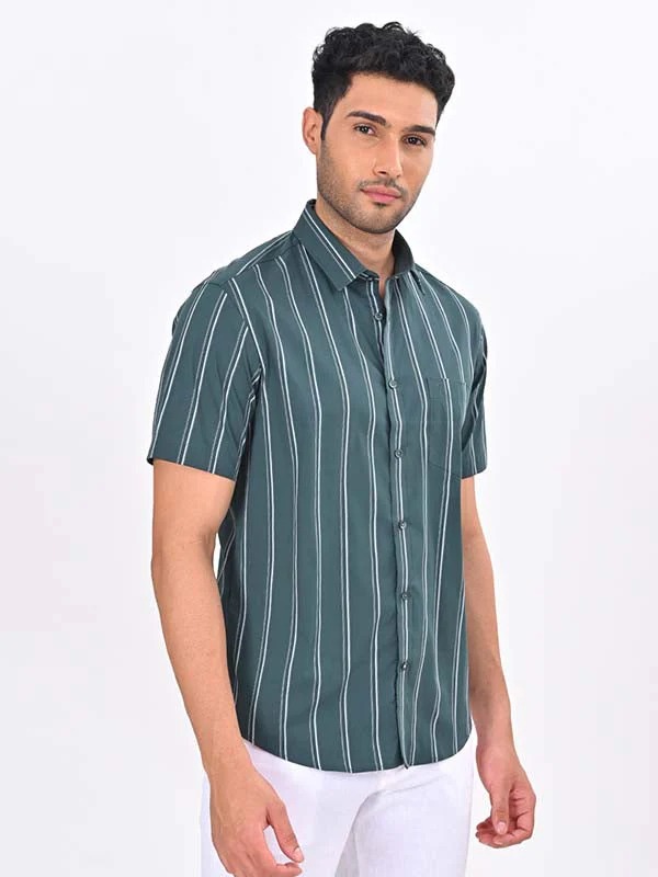 Indian Terrain Men's Regular Fit Half Sleeve Striped Green Shirt